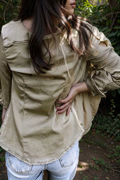ruched trim button up long sleeve collared casual jacket 109588