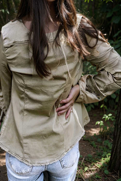 ruched trim button up long sleeve collared casual jacket 109587