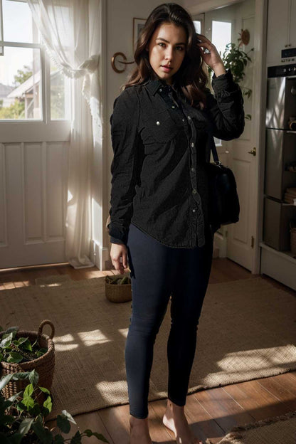 ruched trim button up long sleeve collared casual jacket 108150
