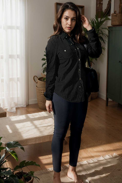 ruched trim button up long sleeve collared casual jacket 106744