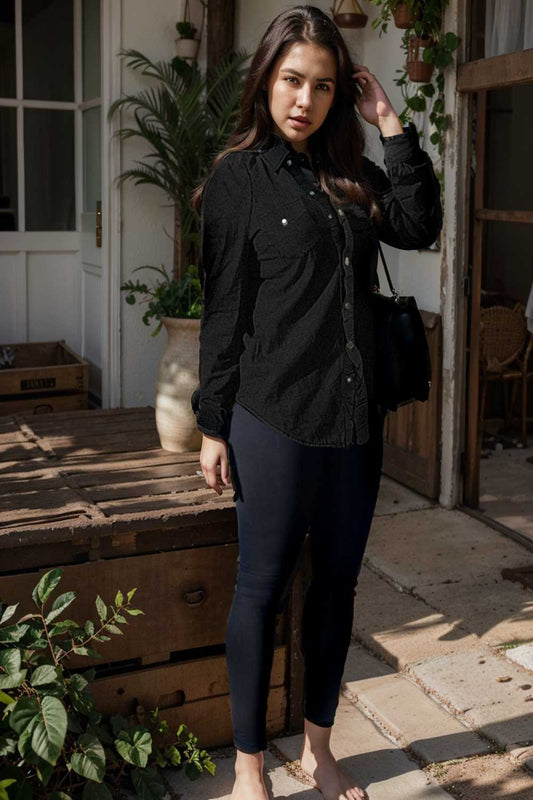 ruched trim button up long sleeve collared casual jacket 108477