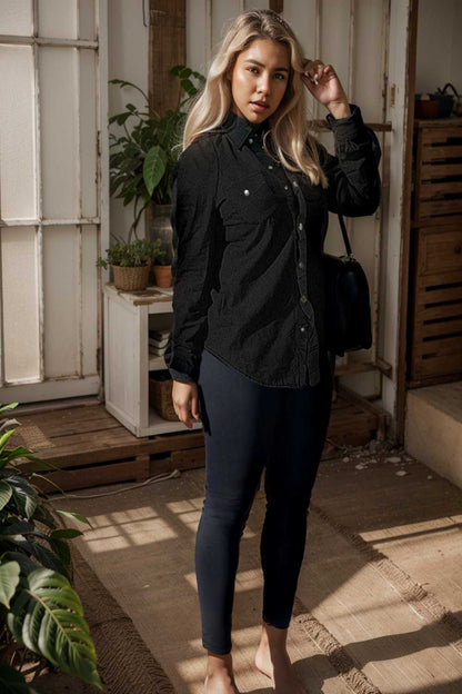 ruched trim button up long sleeve collared casual jacket 109576