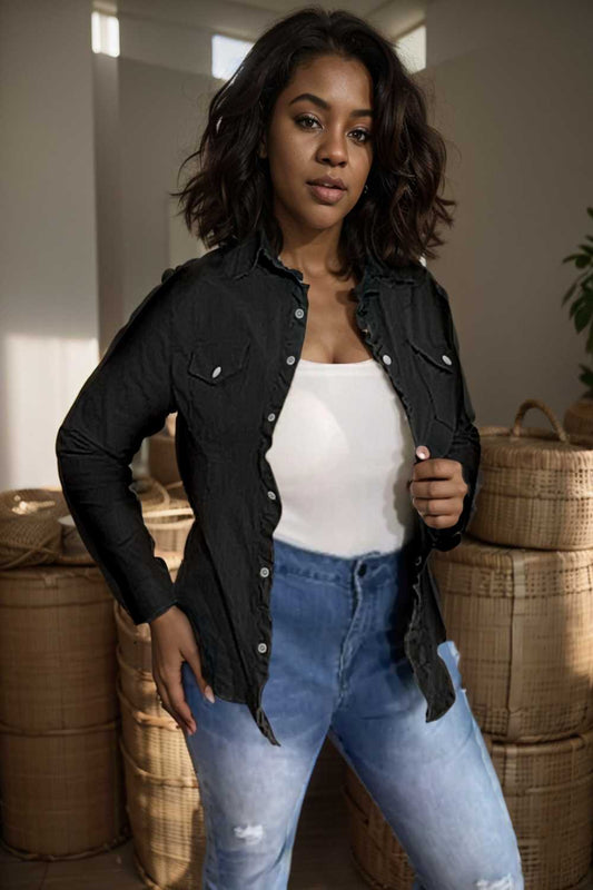 ruched trim button up long sleeve collared casual jacket 108070