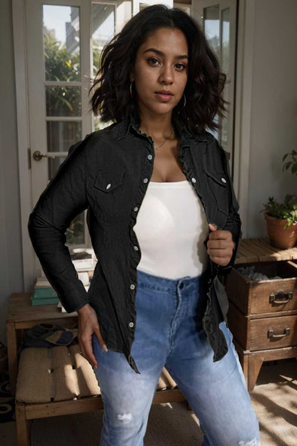 ruched trim button up long sleeve collared casual jacket 106736