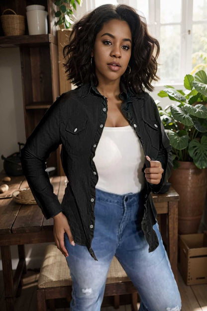 ruched trim button up long sleeve collared casual jacket 109563