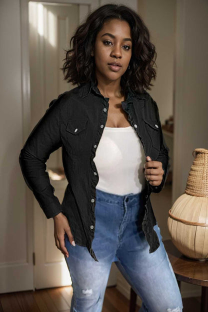 ruched trim button up long sleeve collared casual jacket 108148