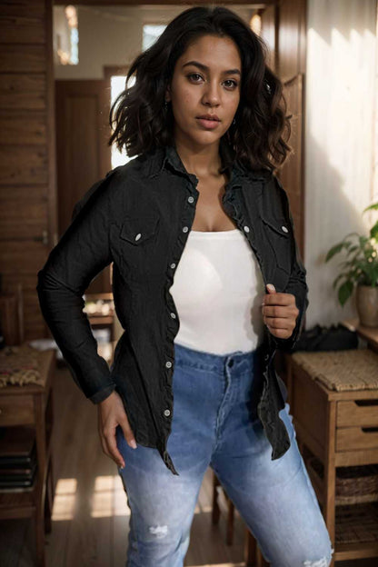ruched trim button up long sleeve collared casual jacket 106734