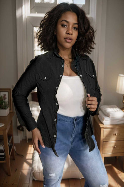ruched trim button up long sleeve collared casual jacket 109561
