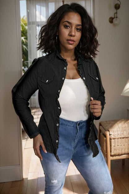 ruched trim button up long sleeve collared casual jacket 106733