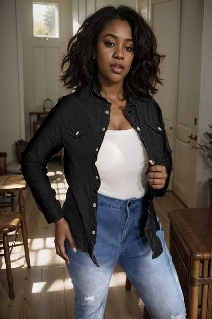 ruched trim button up long sleeve collared casual jacket 109560