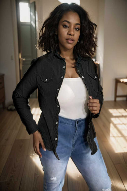 ruched trim button up long sleeve collared casual jacket 109559