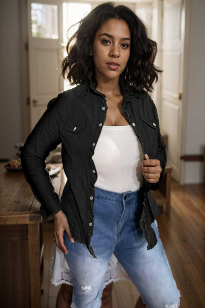 ruched trim button up long sleeve collared casual jacket 106731
