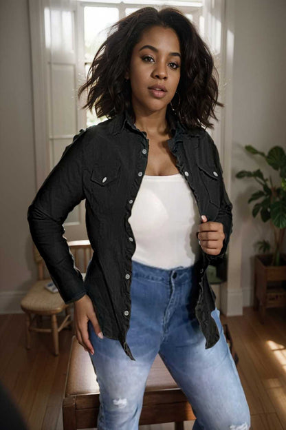 ruched trim button up long sleeve collared casual jacket 109556
