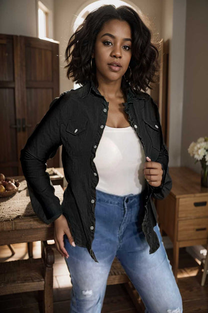 ruched trim button up long sleeve collared casual jacket 109555