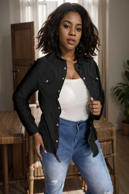 ruched trim button up long sleeve collared casual jacket 109551