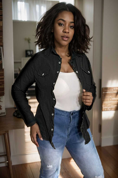 ruched trim button up long sleeve collared casual jacket 109548