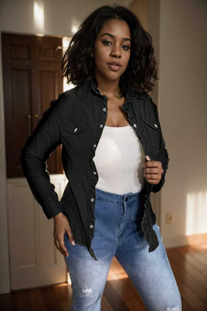 ruched trim button up long sleeve collared casual jacket 109547