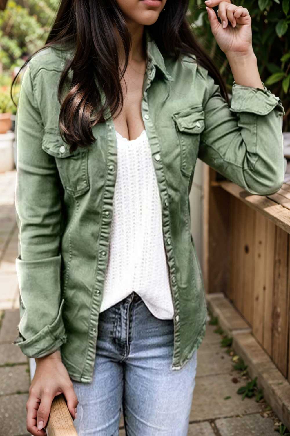 ruched trim button up long sleeve collared casual jacket 110076