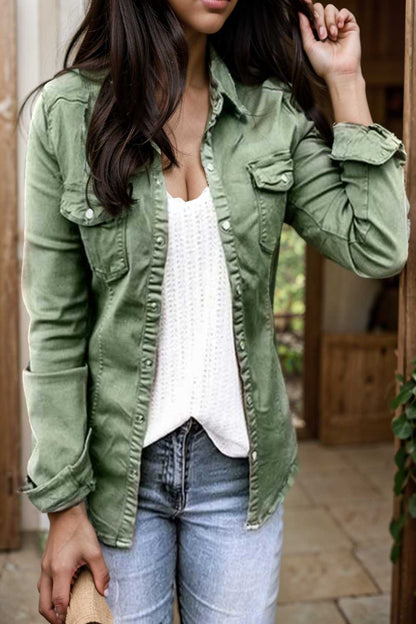 ruched trim button up long sleeve collared casual jacket 107328