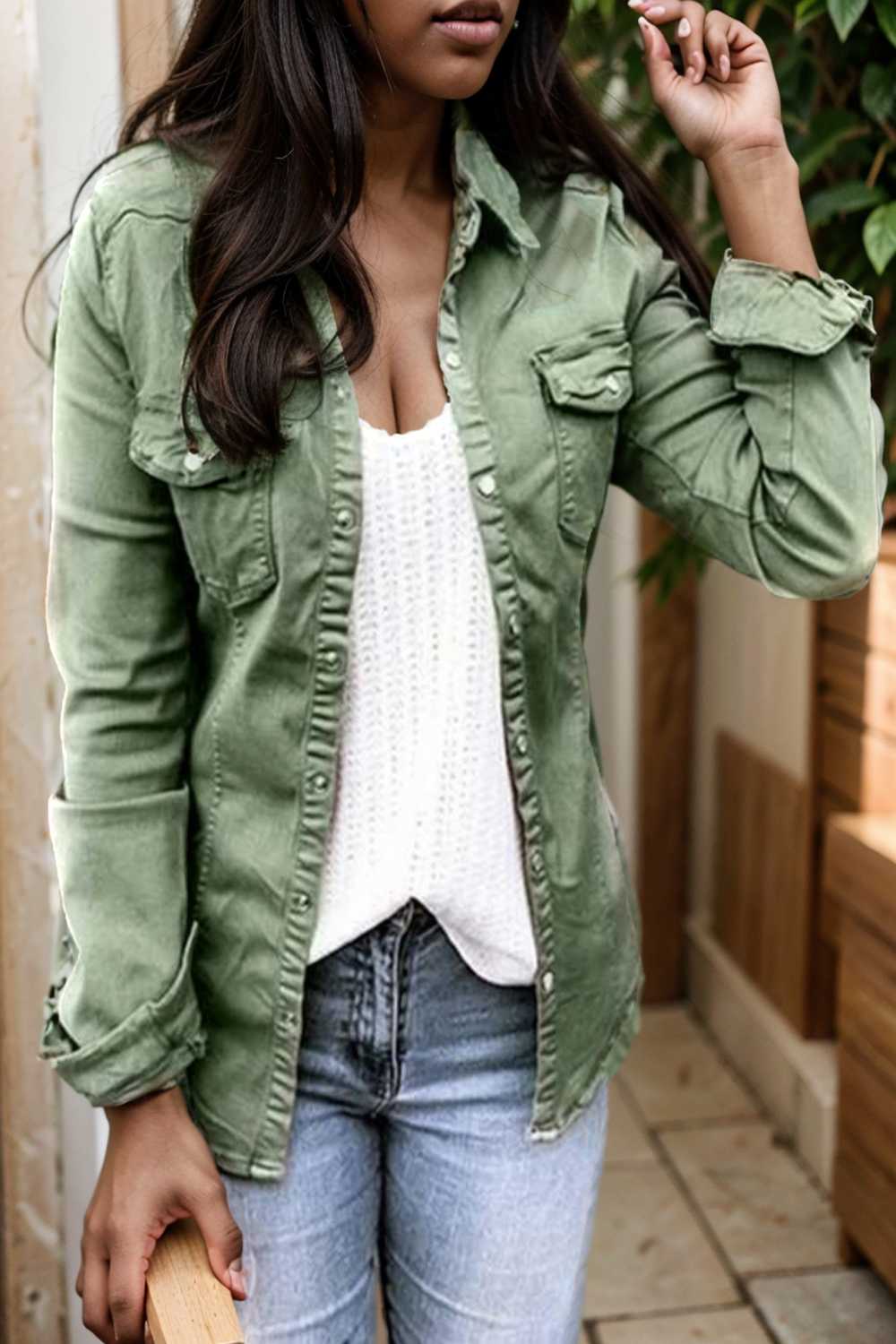 ruched trim button up long sleeve collared casual jacket 107327