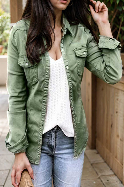 ruched trim button up long sleeve collared casual jacket 106727