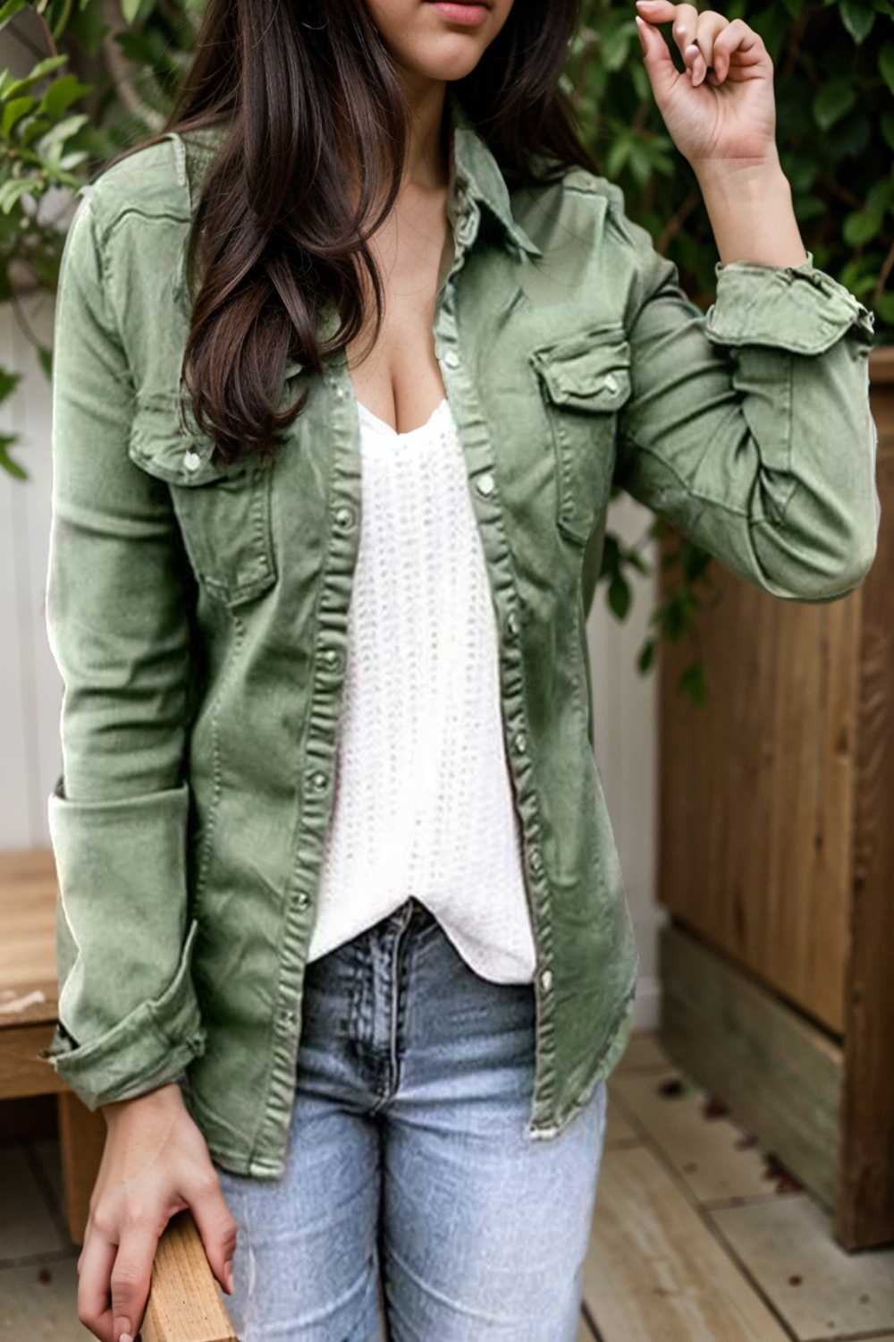 ruched trim button up long sleeve collared casual jacket 109544