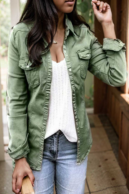 ruched trim button up long sleeve collared casual jacket 109543
