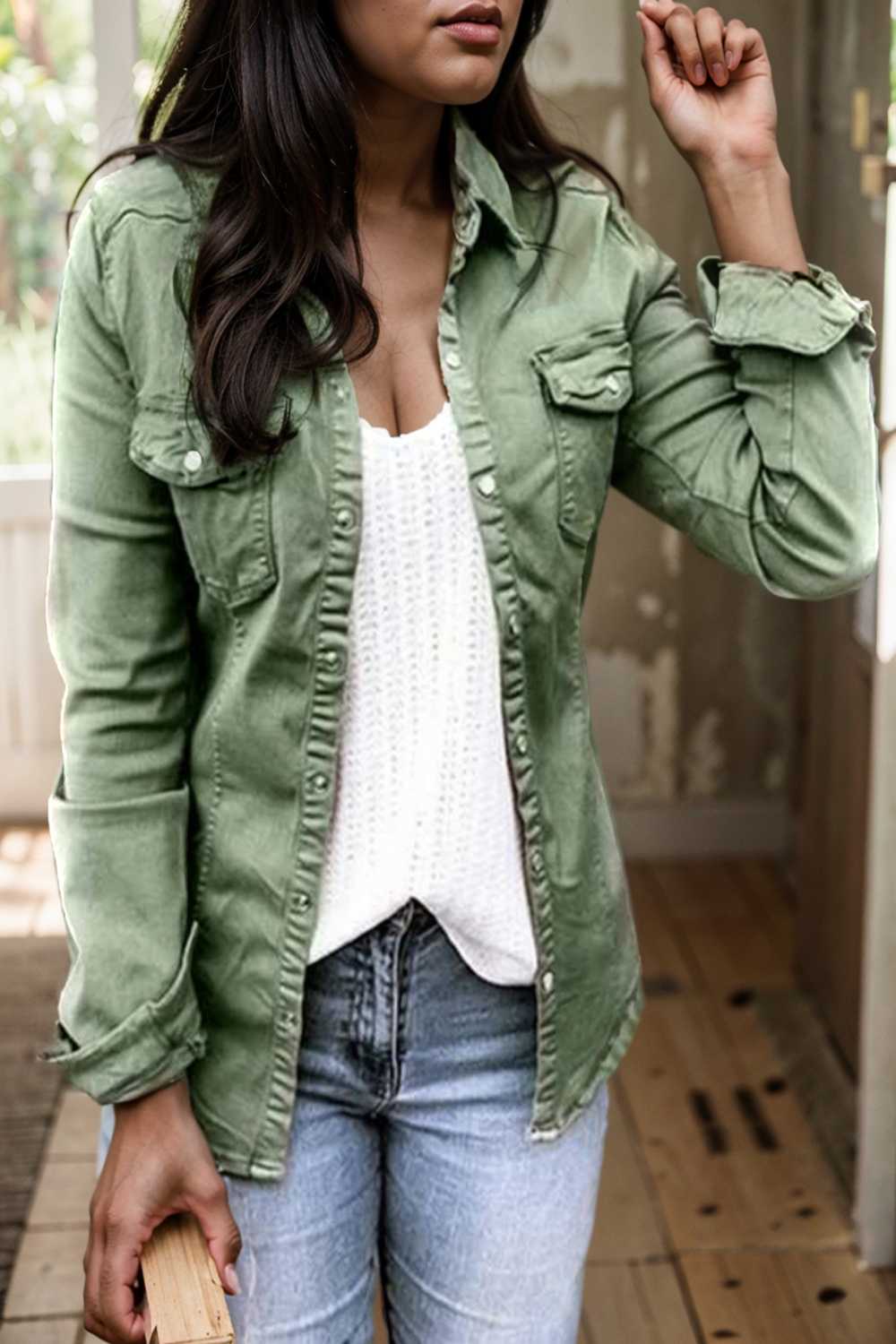 ruched trim button up long sleeve collared casual jacket 106726