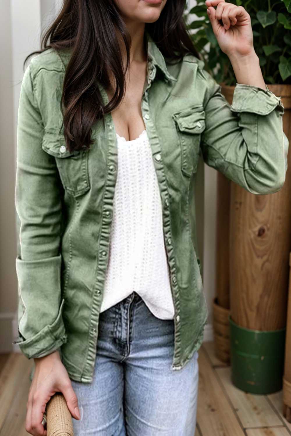 ruched trim button up long sleeve collared casual jacket 106725