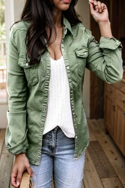 ruched trim button up long sleeve collared casual jacket 109542