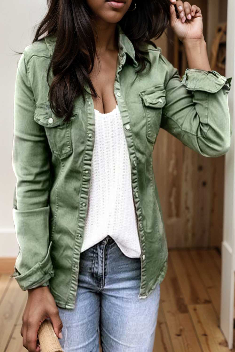 ruched trim button up long sleeve collared casual jacket 109541