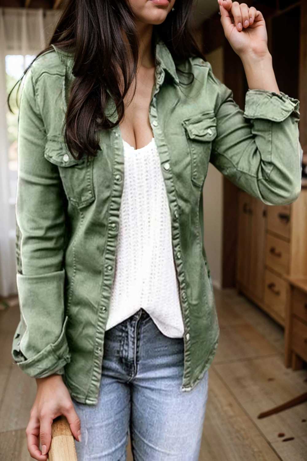 ruched trim button up long sleeve collared casual jacket 106724