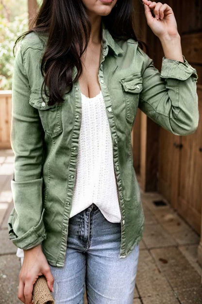 ruched trim button up long sleeve collared casual jacket 106723