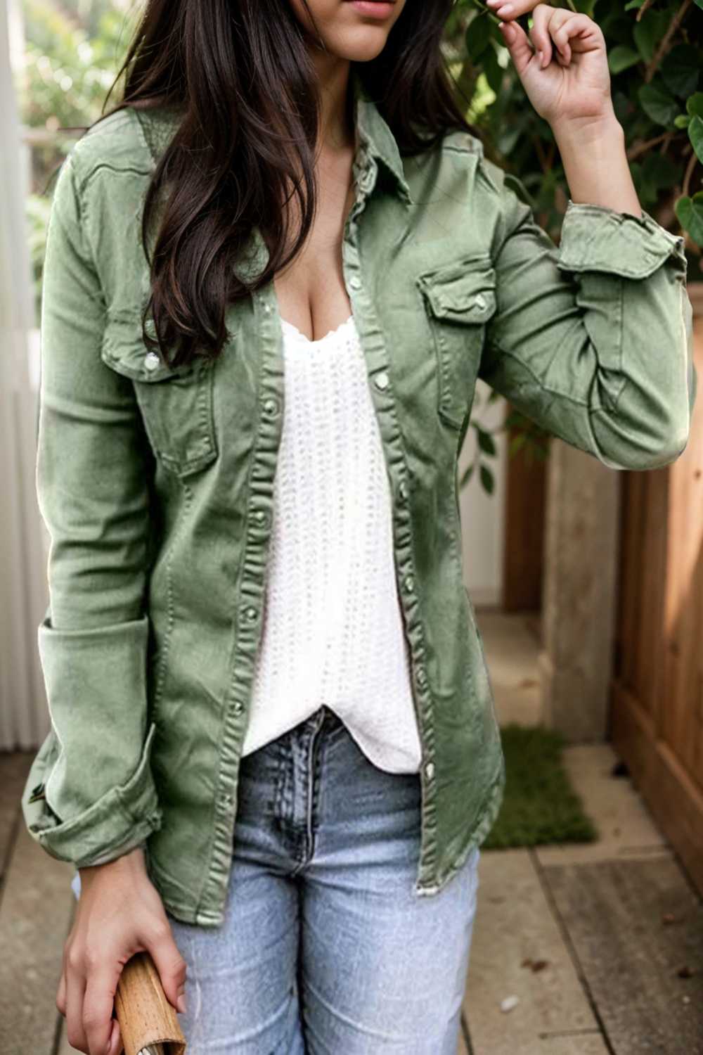 ruched trim button up long sleeve collared casual jacket 109540