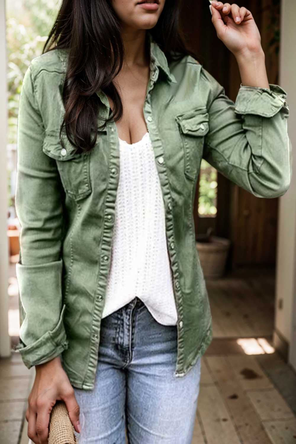 ruched trim button up long sleeve collared casual jacket 106722