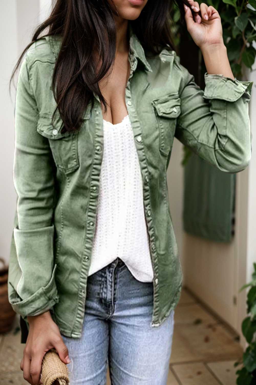 ruched trim button up long sleeve collared casual jacket 109539