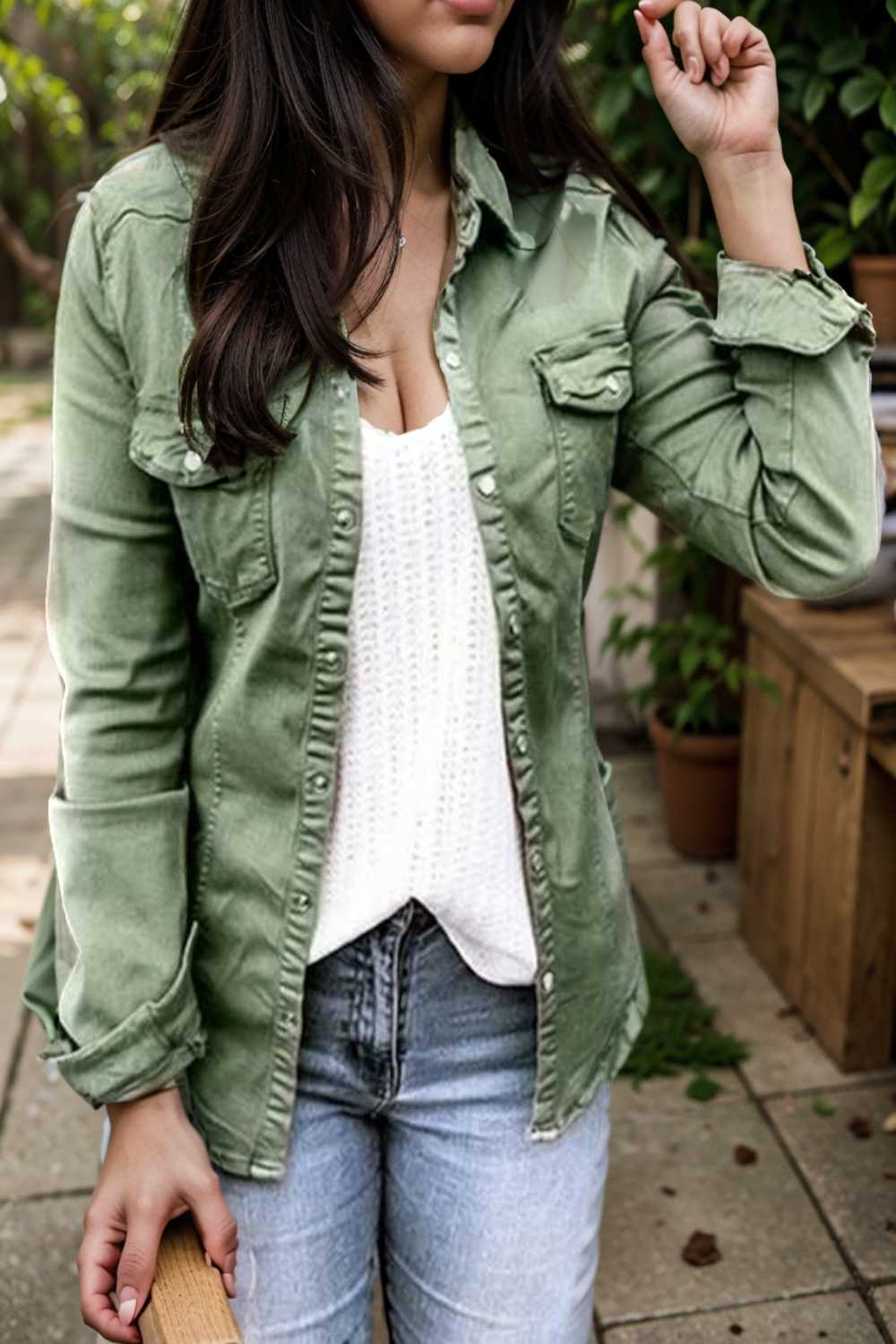 ruched trim button up long sleeve collared casual jacket 109538
