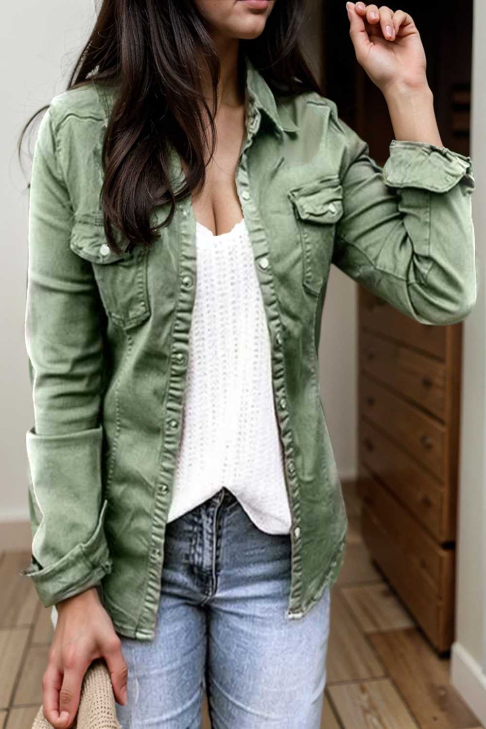 ruched trim button up long sleeve collared casual jacket 106721