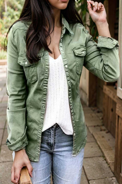 ruched trim button up long sleeve collared casual jacket 109537
