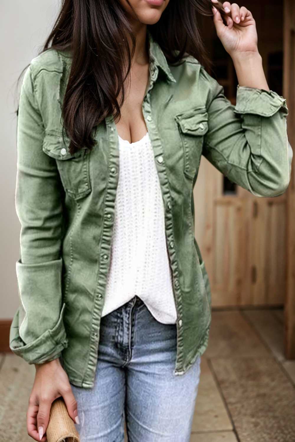 ruched trim button up long sleeve collared casual jacket 109536