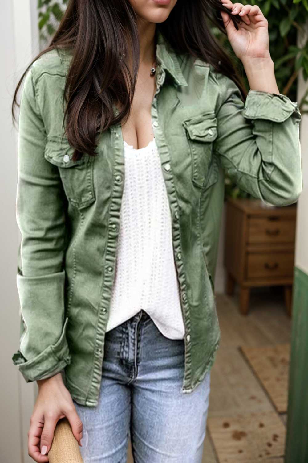 ruched trim button up long sleeve collared casual jacket 109535