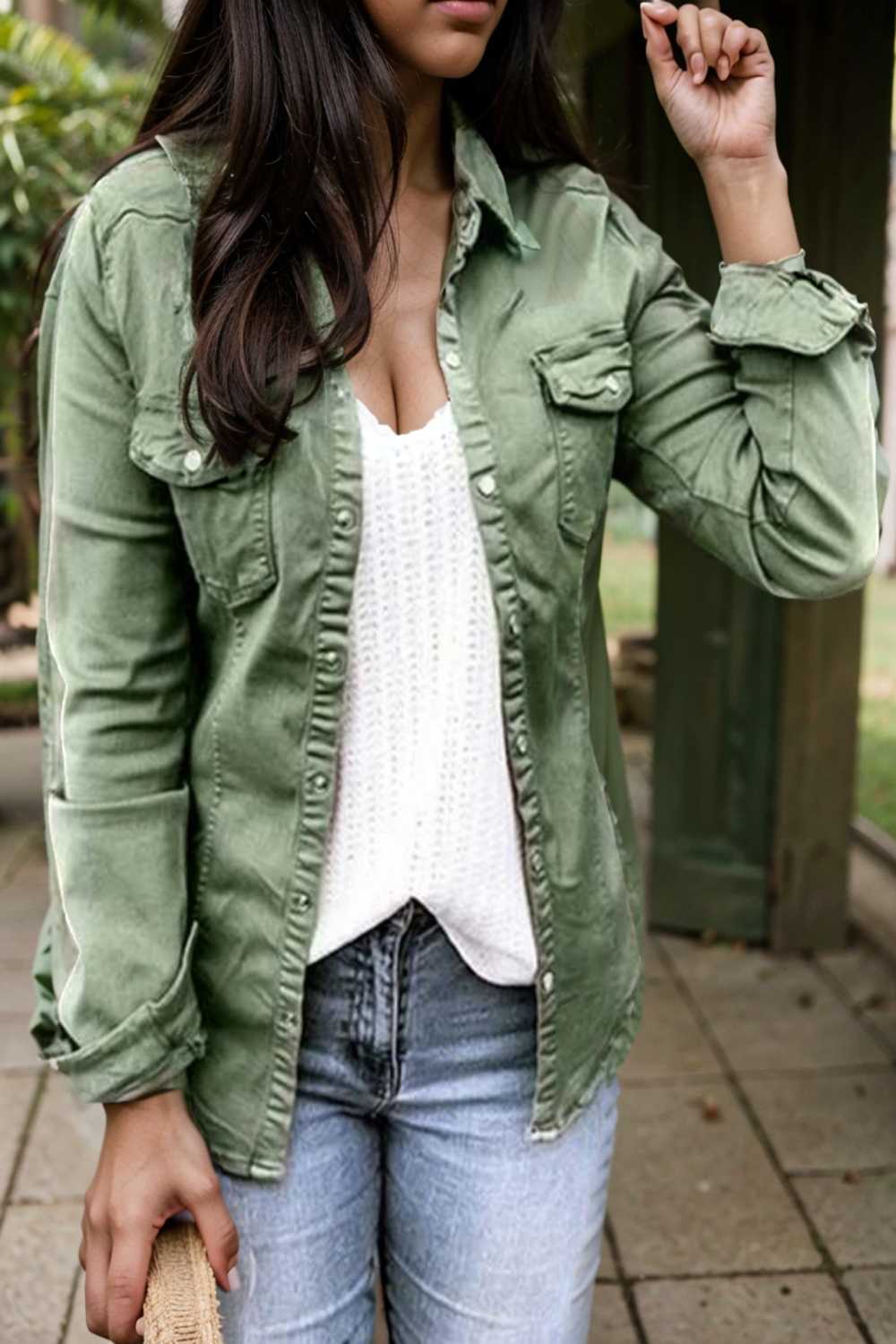 ruched trim button up long sleeve collared casual jacket 109534