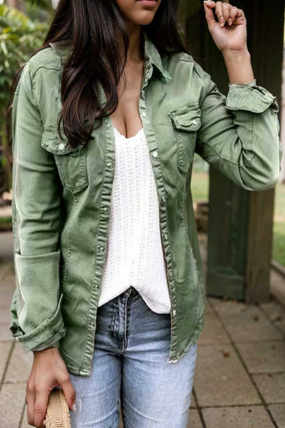 ruched trim button up long sleeve collared casual jacket 109534