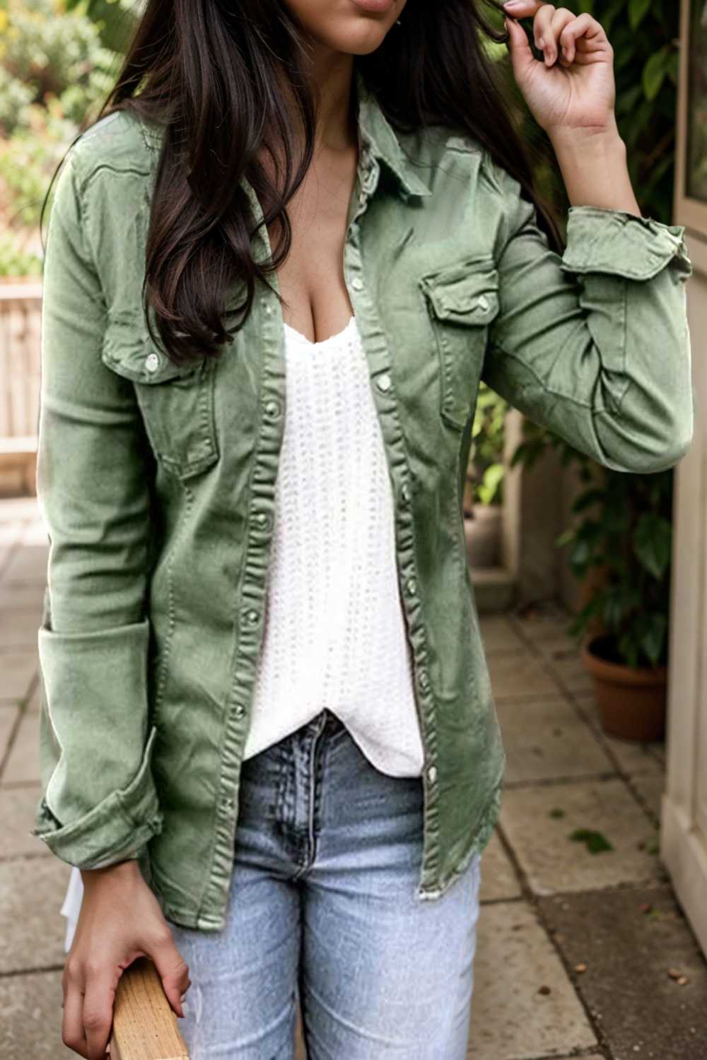 ruched trim button up long sleeve collared casual jacket 109530