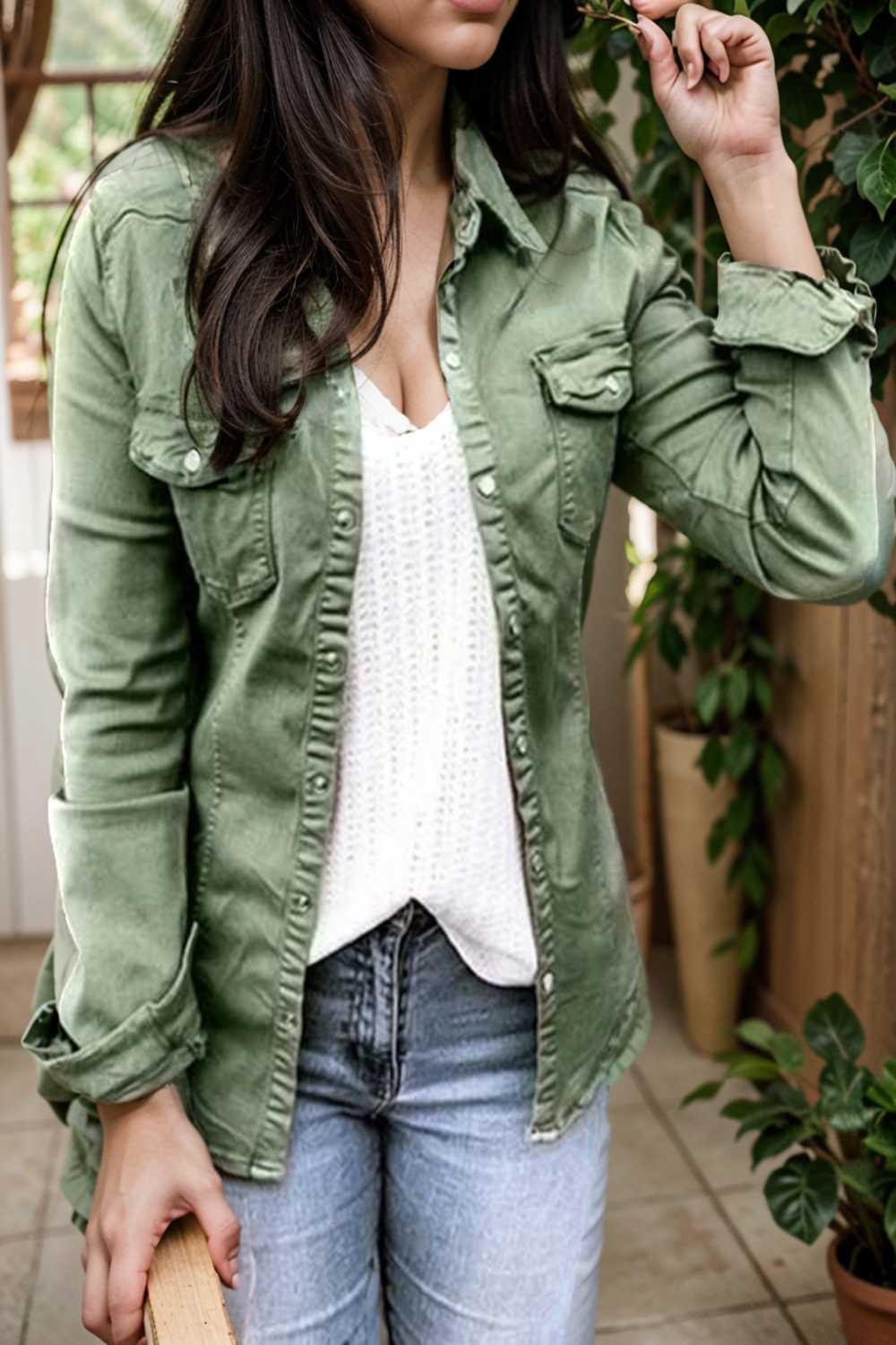 ruched trim button up long sleeve collared casual jacket 109527