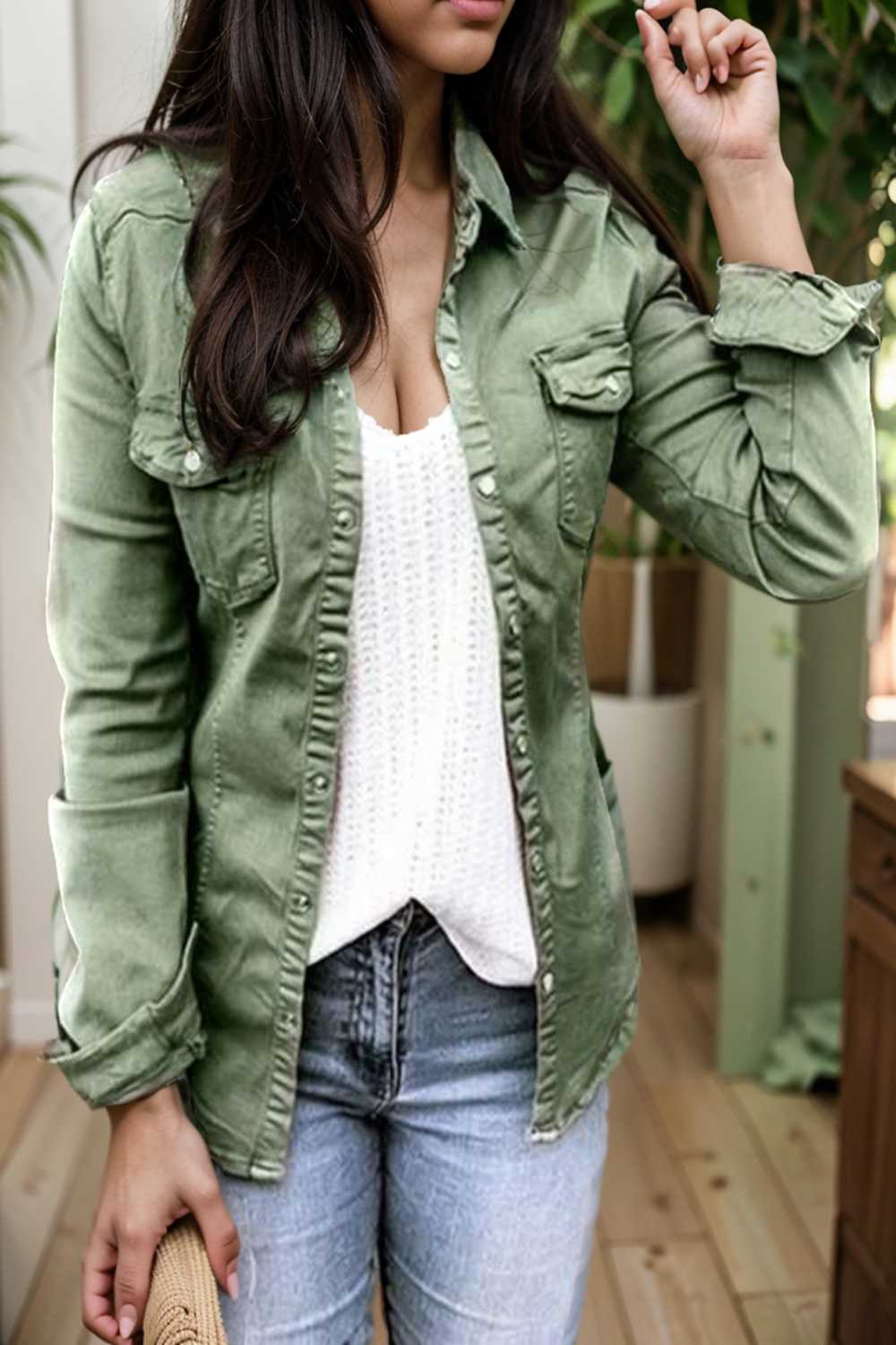 ruched trim button up long sleeve collared casual jacket 109526