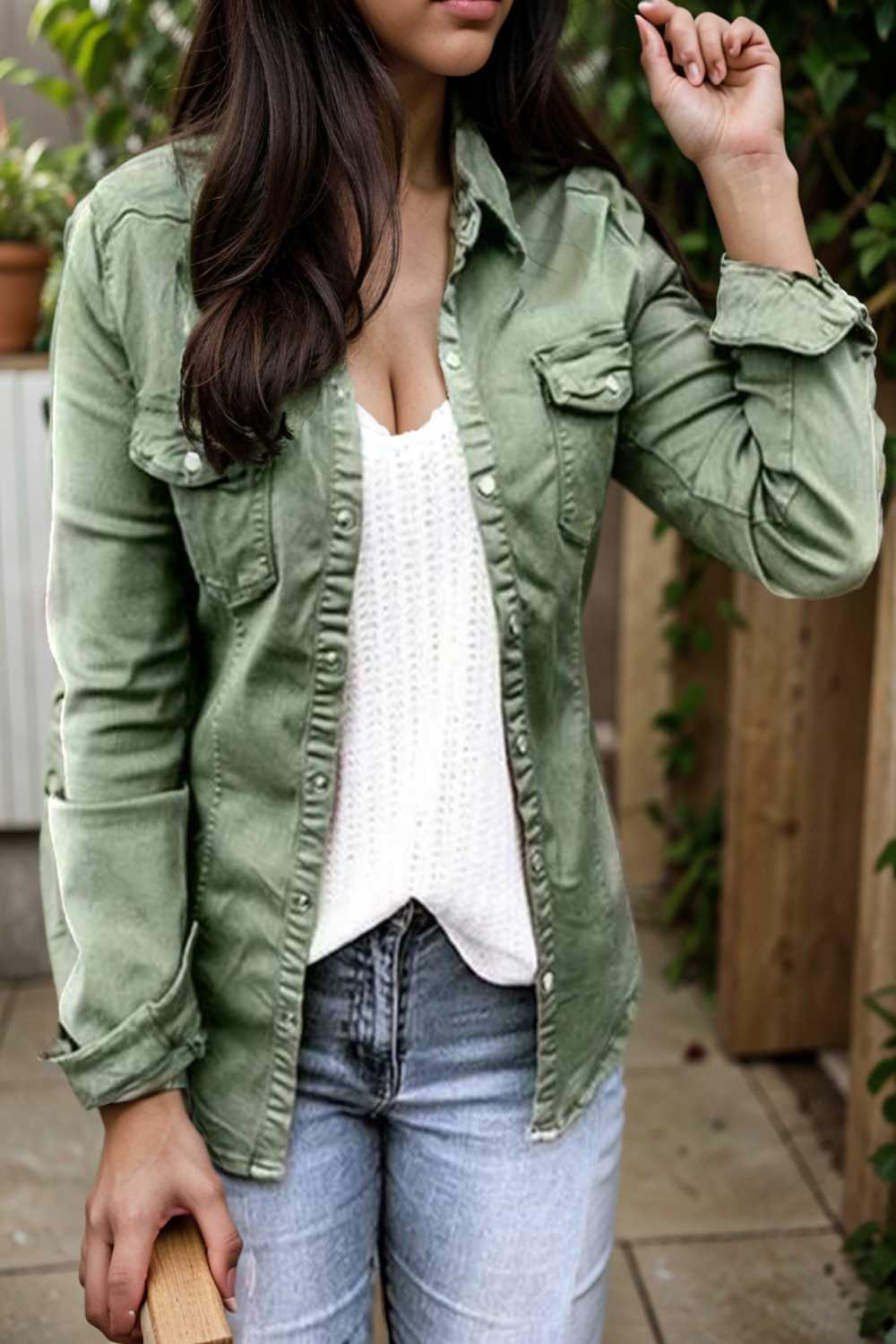 ruched trim button up long sleeve collared casual jacket 109525