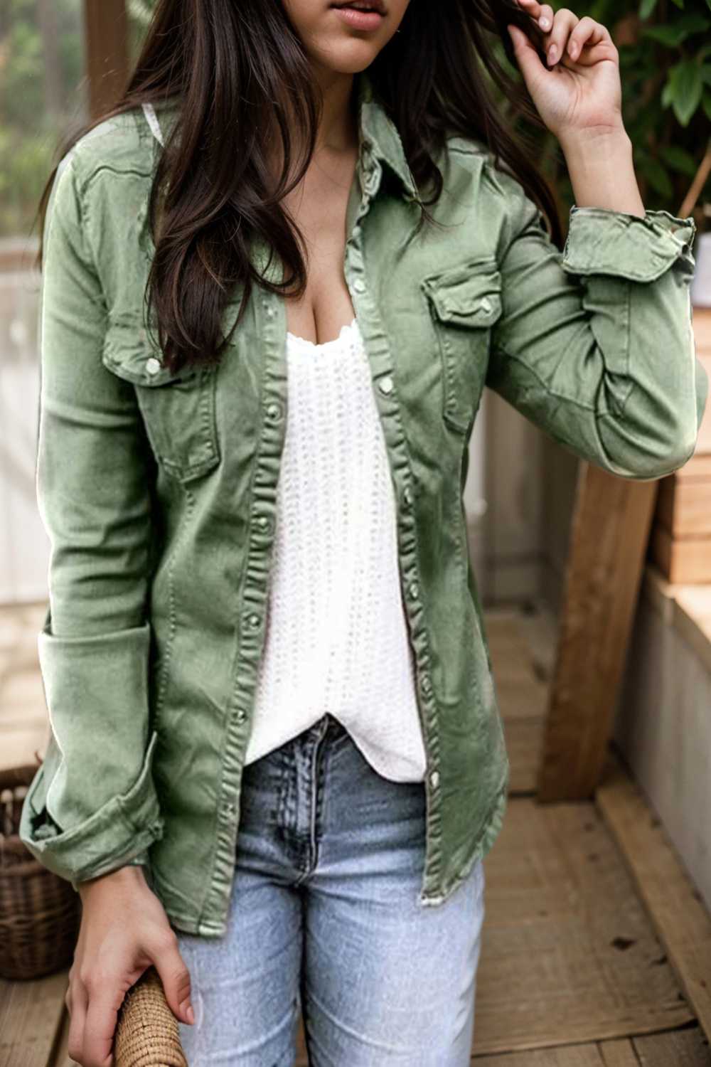 ruched trim button up long sleeve collared casual jacket 109524