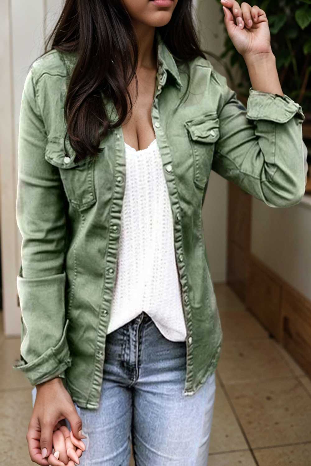 ruched trim button up long sleeve collared casual jacket 109523