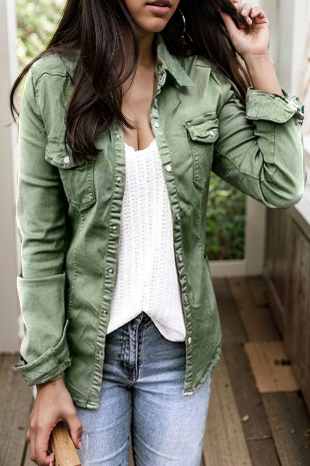 ruched trim button up long sleeve collared casual jacket 107641